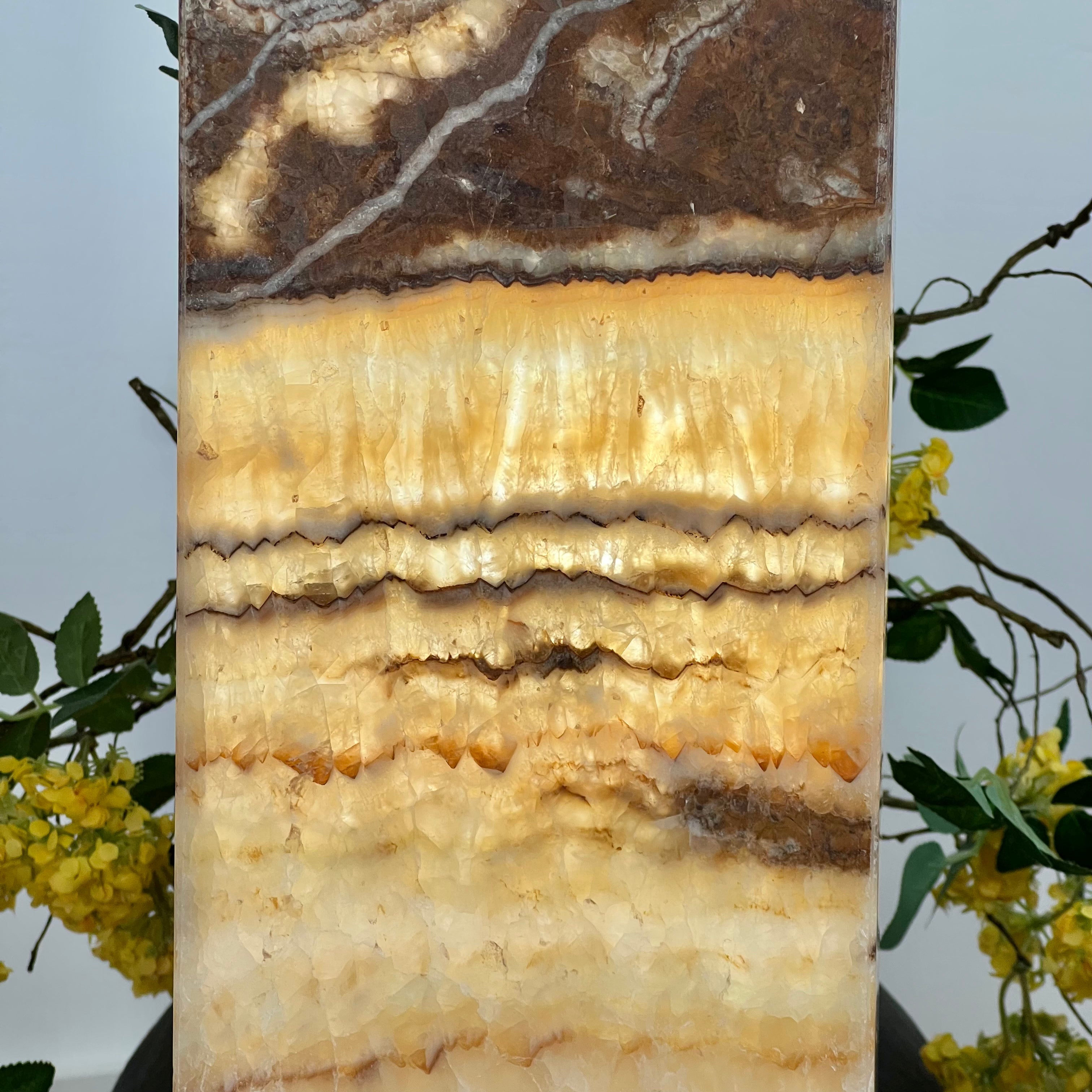 Layered Caramel and Espresso Hand-Carved Mexican Onyx Tower Lamp