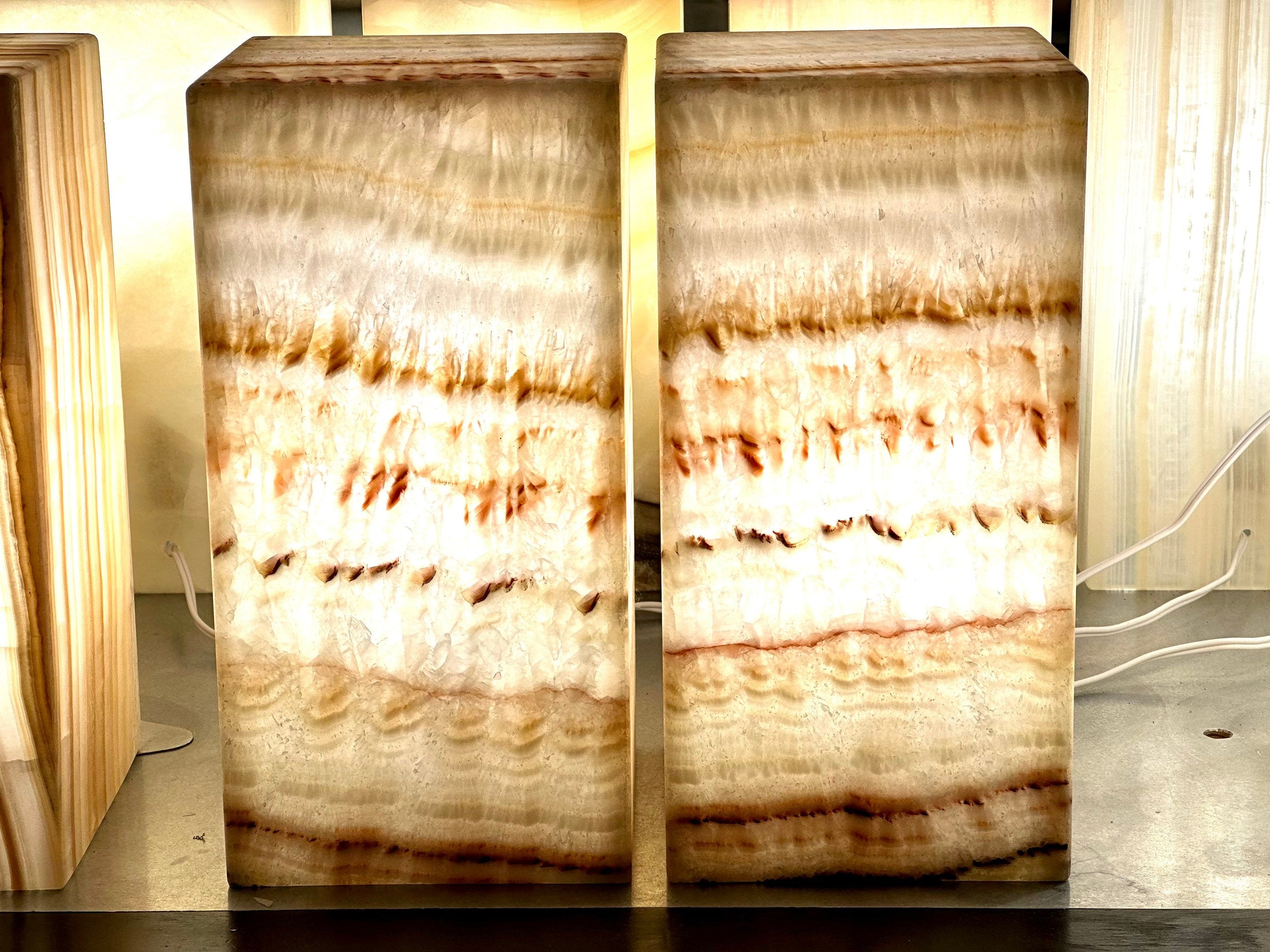 Beige Banded Onyx Lamp Set - Two Onyx Lamps - Onyx Stone Table Lamps - Nightstand Lamps - Alabaster Lamps - Handmade Lamps & Decor